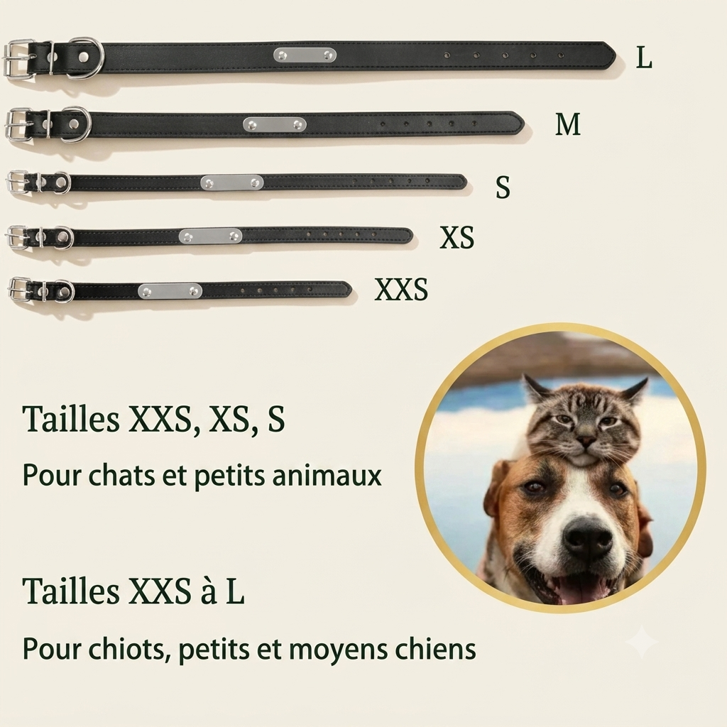 Collier d'Identification Personnalisé en Cuir PU — Gravure Anti-Perte