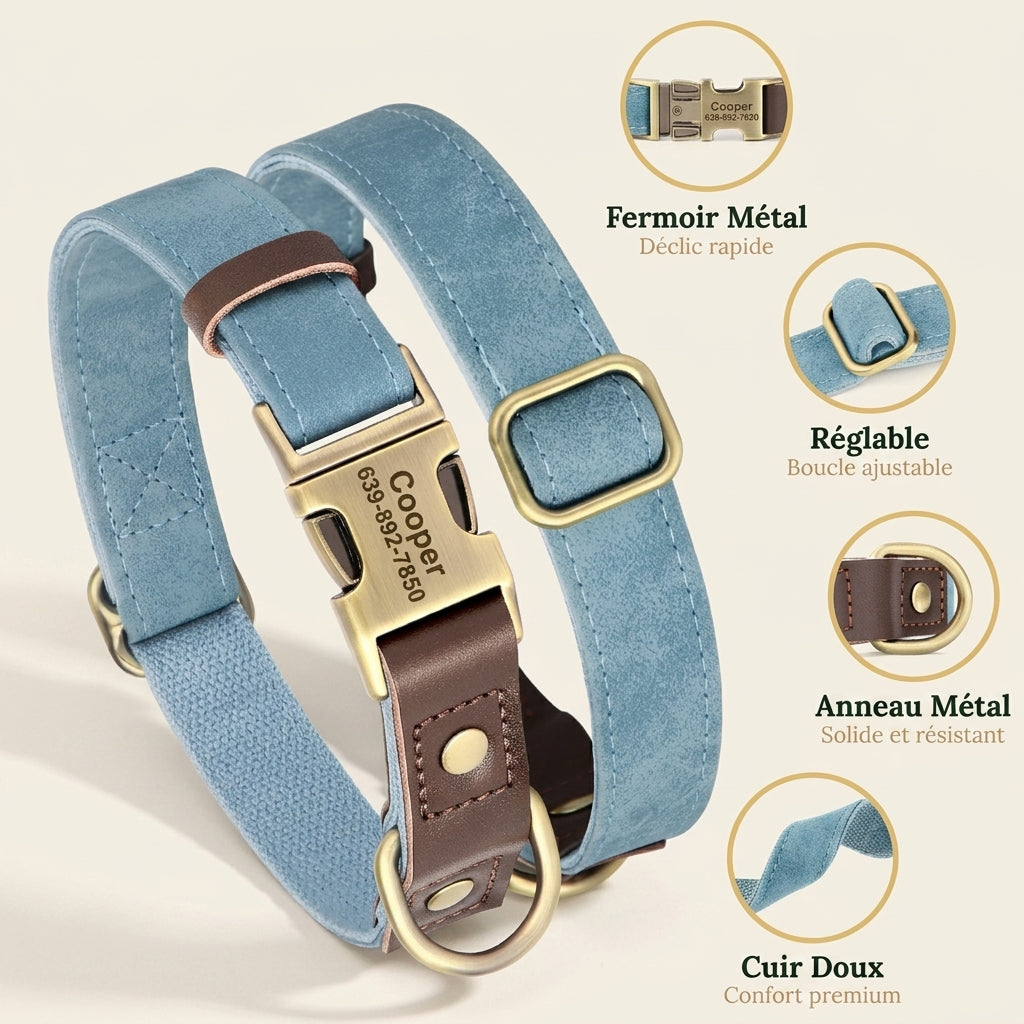 Collier Cuir Personnalisé pour Chien — Gravure Nom & Numéro